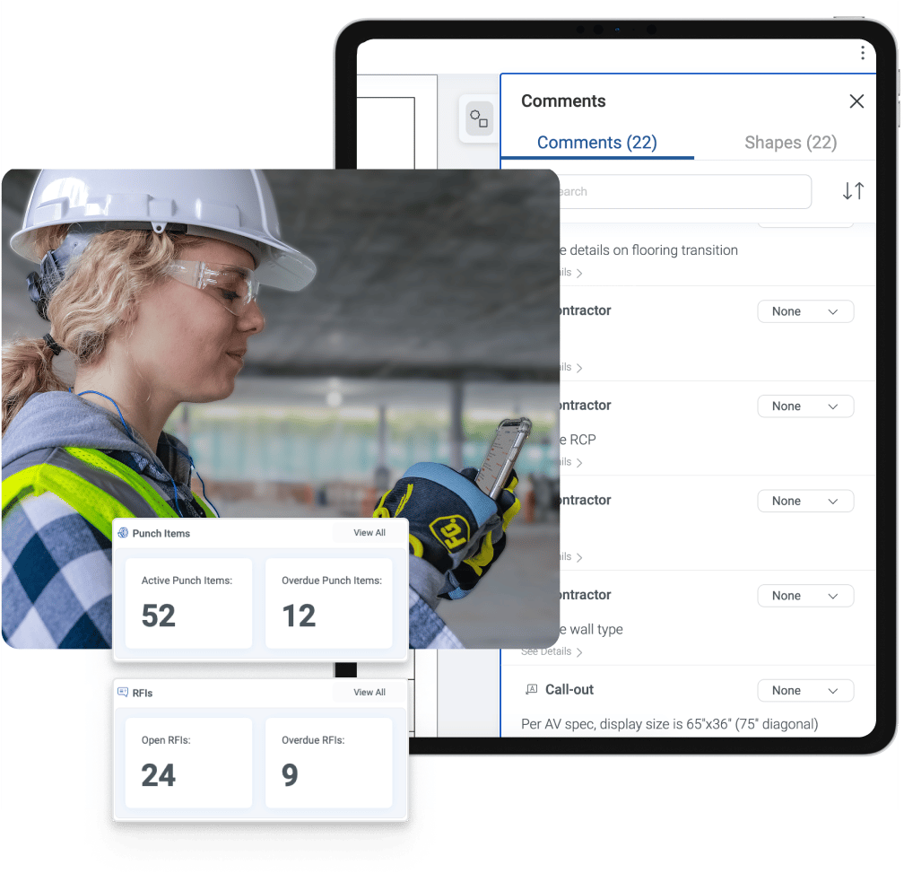 professionnel du bâtiment sur chantier utilisant les outils de marquage mobiles Bluebeam Cloud