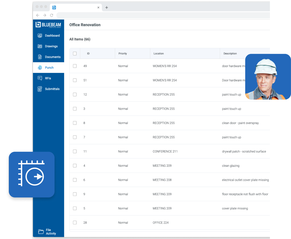 interface Bluebeam Cloud avec liste des travaux à compléter