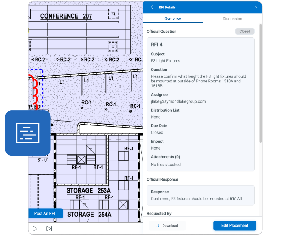 interface du logiciel pour entrepreneurs Bluebeam Cloud affichant une demande d'informations