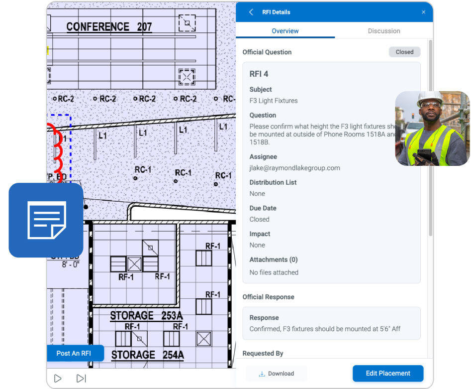 interface du logiciel pour architectes Bluebeam Cloud affichant le flux de travail de demande d'informations