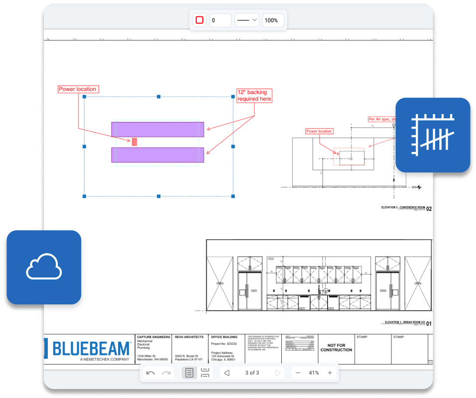 logiciel de construction Bluebeam Revu avec marquages sur plan