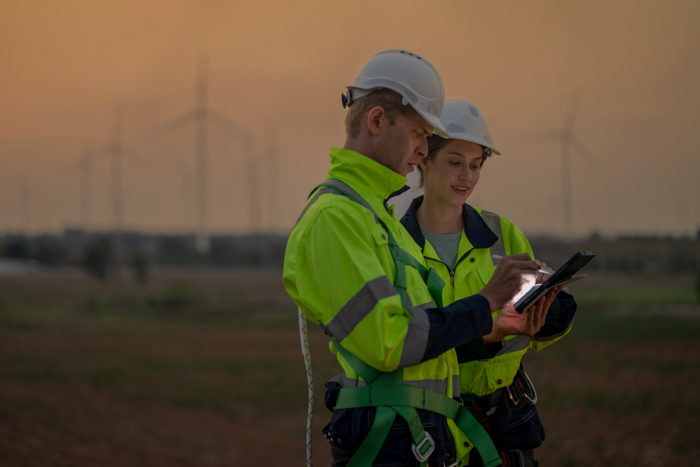 Deux ouvriers en tenue de sécurité regardant une tablette dans un champ d’éoliennes