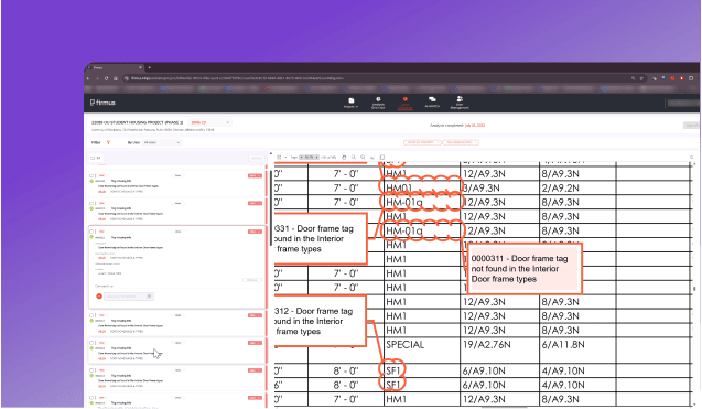 A computer screen displays construction collaboration software with a digital drawing review platform. Several red handwritten annotations highlight issues with door frame tags, such as missing or incorrect tags, on a table of frame types.