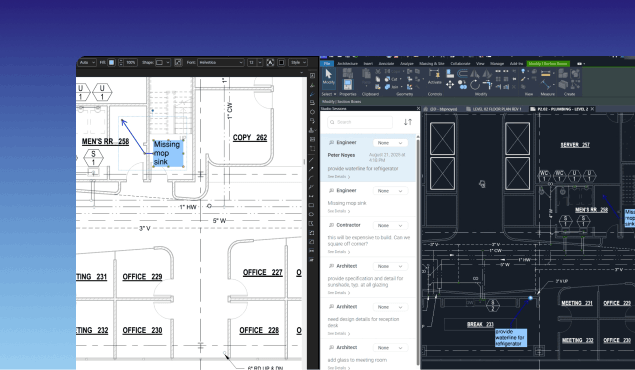 Two computer screens display architectural blueprints and design software, including construction estimating software with detailed building layouts, text annotations, and symbols against a gradient blue background.
