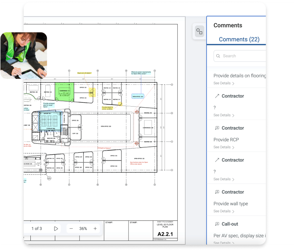 Interfaccia del software di ingegneria edile Bluebeam Cloud che mostra il piano di disegno con annotazioni e commenti