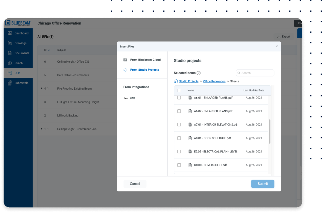 accedere agli strumenti sul campo per rfis ed esecutivi nel software Bluebeam Cloud