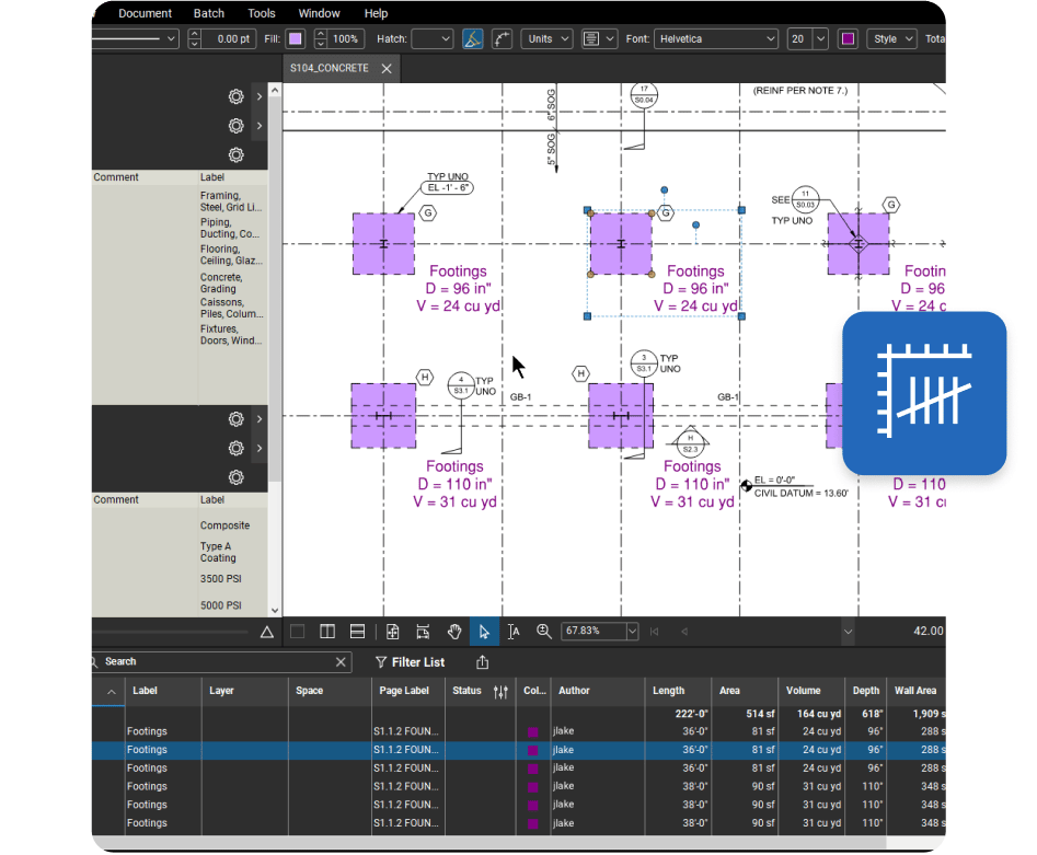Interfaccia del software di costruzione Bluebeam Engineering che mostra il flusso di lavoro dei preventivi con misurazioni precise
