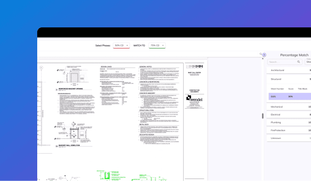 A computer screen displays a technical document with diagrams and text on the left, and a sidebar on the right showing a “Percentage Match” section—perfect for users of construction estimating software. The background features a blue gradient.