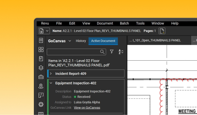 A computer screen displays contractor software with a PDF floor plan open. A sidebar shows active documents and inspection reports, set against a yellow-orange gradient background visible behind the window.