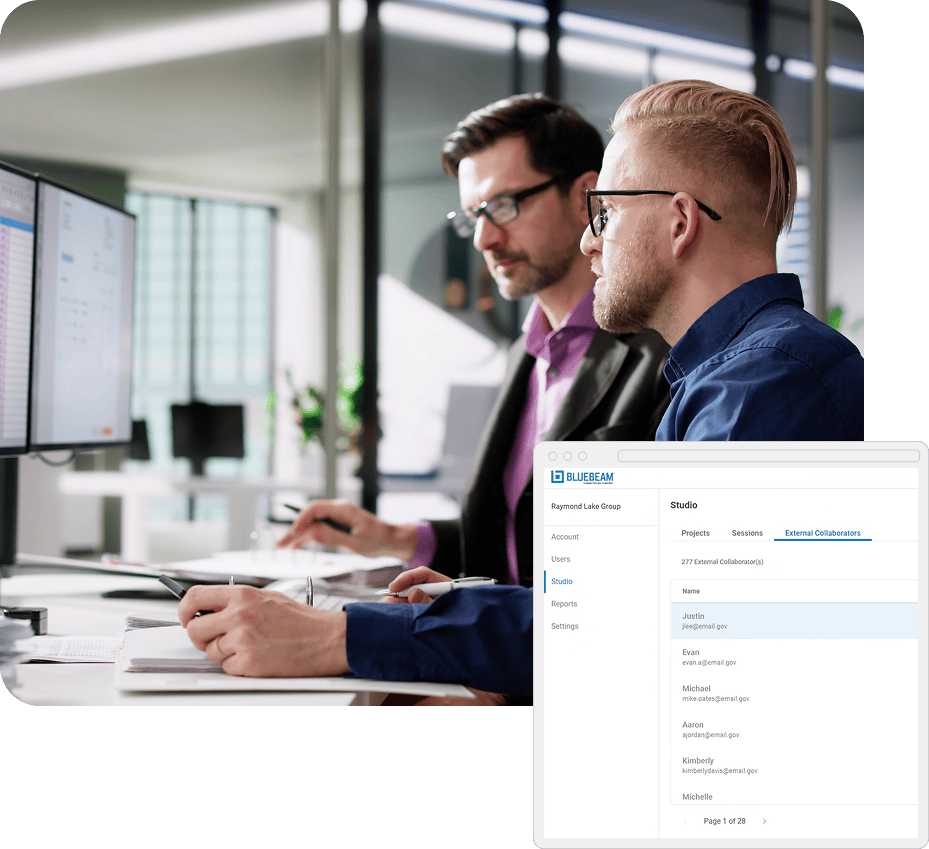 Collage of software screenshots and office workers