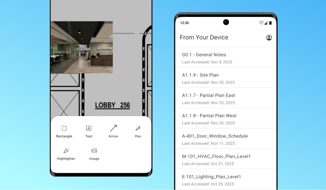 A smartphone displays a pdf markup software tool over a floor plan on the left, and a list of file names with access dates on the right, against a blue gradient background.