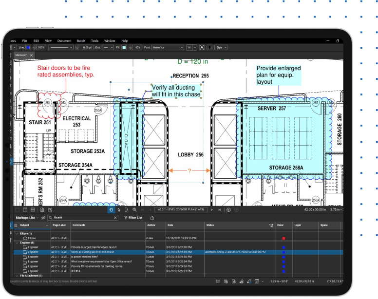 Lijst met markeringen en gemarkeerde tekening in Bluebeam Revu-engineersoftware voor de bouw