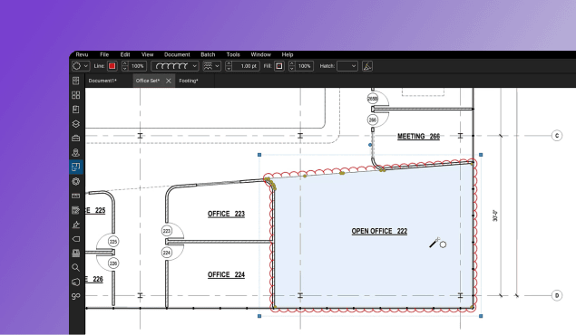 A digital floor plan is displayed on a computer screen with editing tools at the top, using construction management software. The Open Office 222 area is highlighted with a red dotted line. Surrounding rooms include offices and a meeting room. The background is purple.