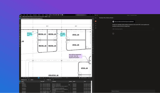 A computer screen displays architectural floor plans on the left, with labeled office spaces, and a dark sidebar on the right showing comments or instructions—highlighting features of PDF markup software. The background is a blue-to-purple gradient.
