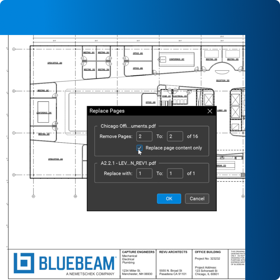 Screenshot of Replace Pages feature in Bluebeam Revu