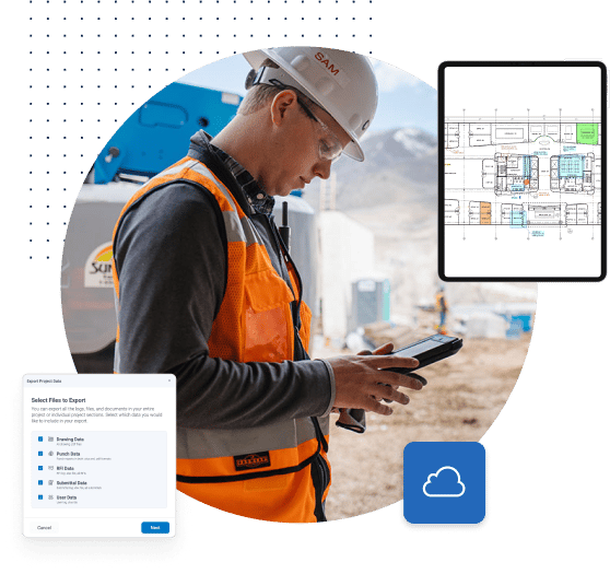 Byggnadsarbetare på byggarbetsplats använder Bluebeams programvarulösningar för byggbranschen