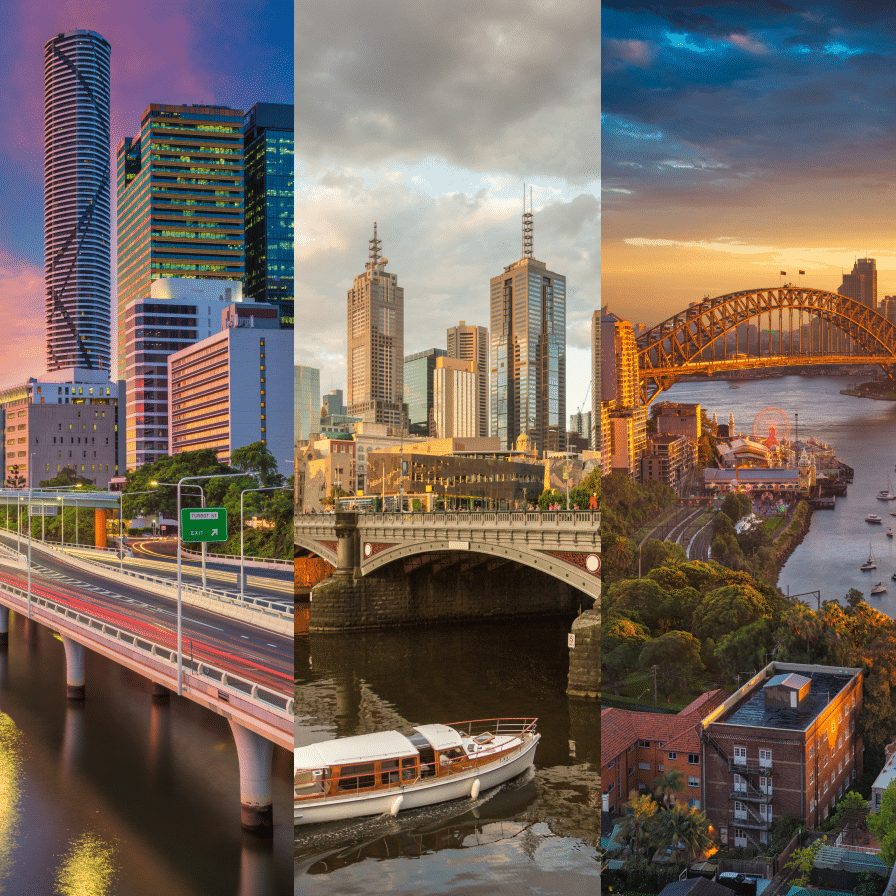 Tre olika stadssilhuetter i Australien sida vid sida