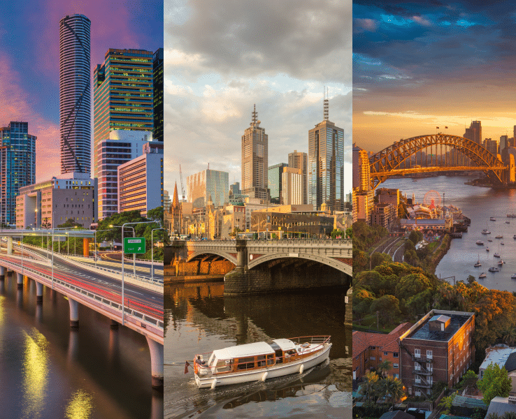 Tre olika stadssilhuetter i Australien sida vid sida