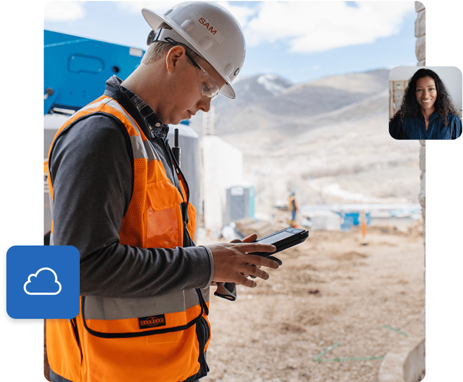 Engineer on construction field site using tablet, Bluebeam Cloud icon, collaborating with the office