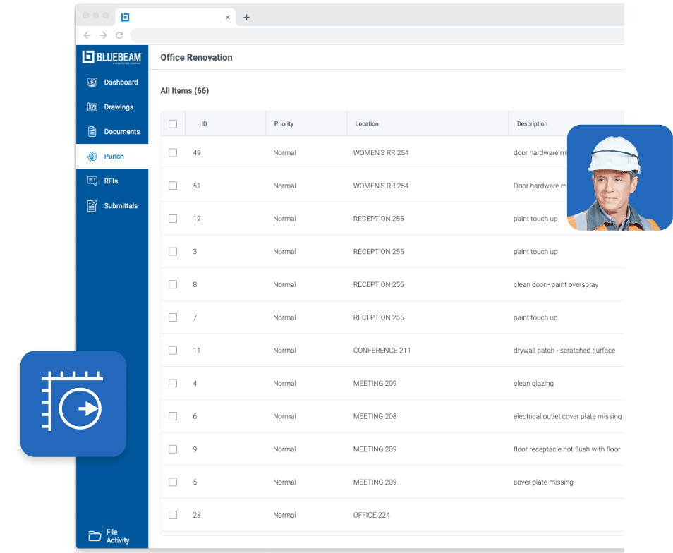 Bluebeam Cloud interface with list of snag items