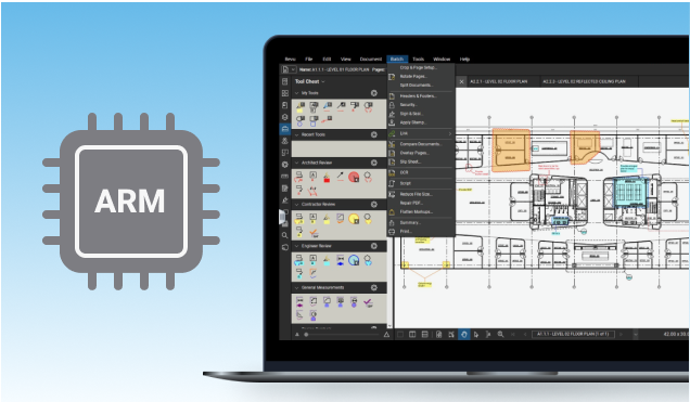 Graphic depicting Revu on a laptop and an ARM processor