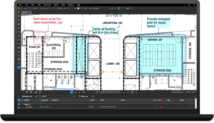 A laptop displays a building floor plan with rooms labelled (e.g., ELECTRICAL 253, SERVER 257). Handwritten annotations in red and blue, added with Bluebeam, highlight details about stair doors, ducting, and equipment layout. Consider a Bluebeam download for similar tasks.