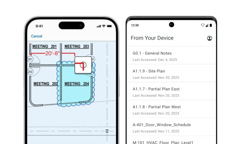 Two smartphones display construction-related apps. The left screen shows a floor plan with measurement tools, while the right screen features a list of architectural documents and plans, suggesting easy access similar to a Bluebeam download experience.