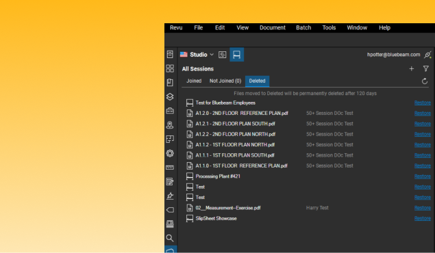 Screenshot of the Studio file recovery feature in Bluebeam Revu