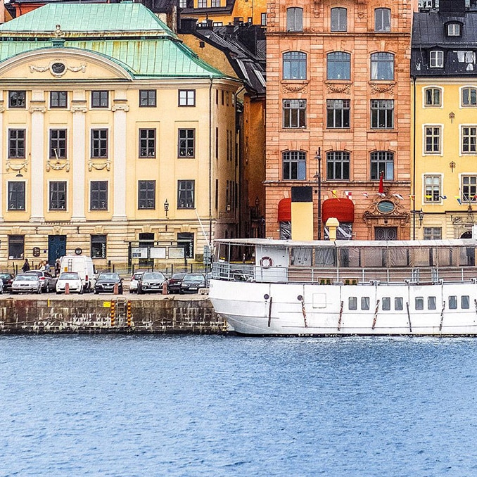 Row of buildings by a river in Stockholm