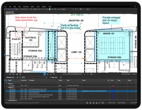 Markups List and marked up drawing in Bluebeam Revu engineering construction software
