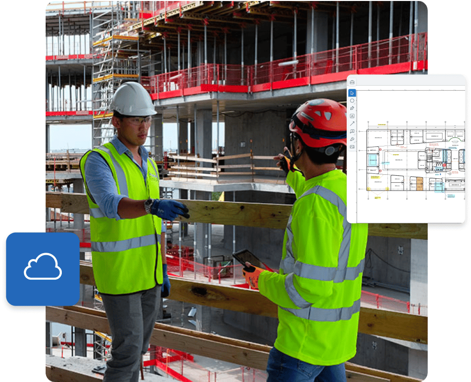 construction workers in PPE on construction site with Bluebeam Cloud interface