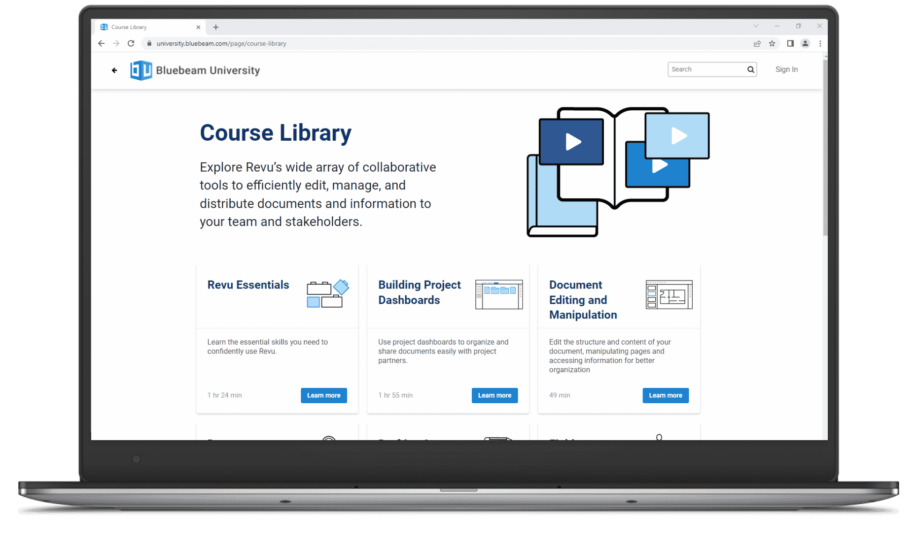 A laptop screen displays the Bluebeam University Course Library webpage, featuring course options such as Revu Essentials and Building Project Dashboards for mastering PDF markup software and construction collaboration tools.