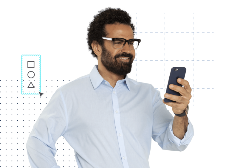 male architect in button down shirt with glasses looking at mobile device