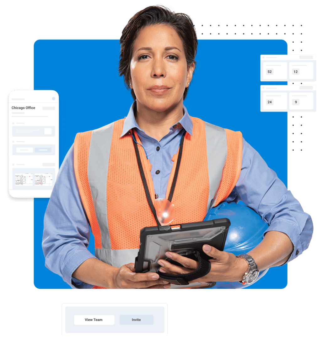 woman in construction PPE holding tablet and helmet surrounded by Bluebeam software interface shots