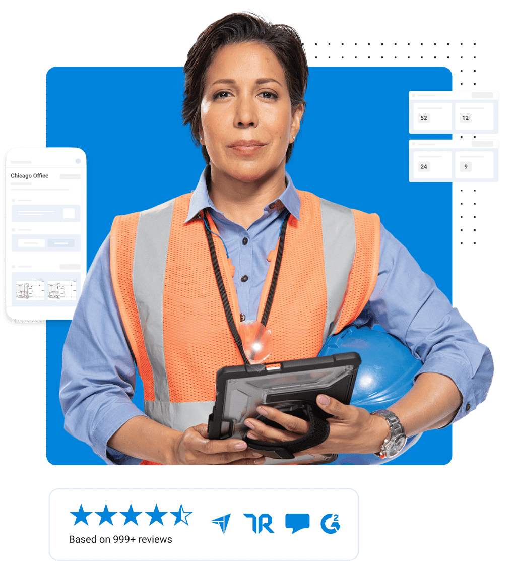 women holding tablet and construction hat and wearing PPE vest over button down shirt with mobile construction software interface and ratings for Bluebeam construction software