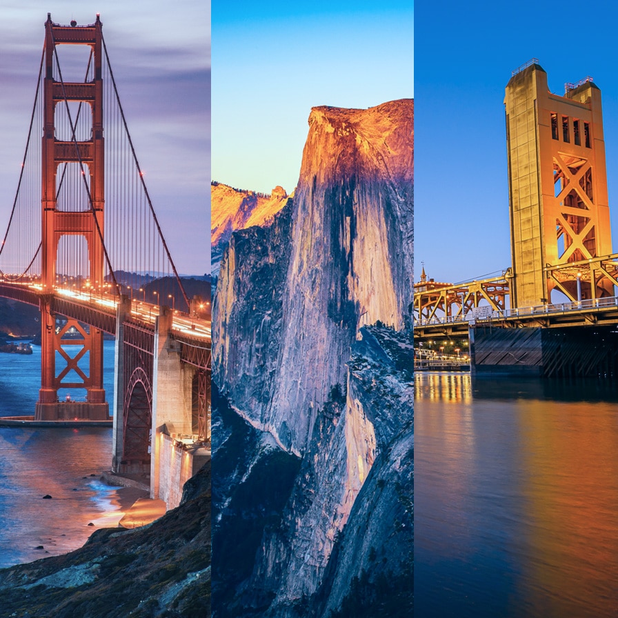 The Golden Gate Bridge in San Francisco, Yosemite, and Tower Bridge in Sacramento shown side-by-side.