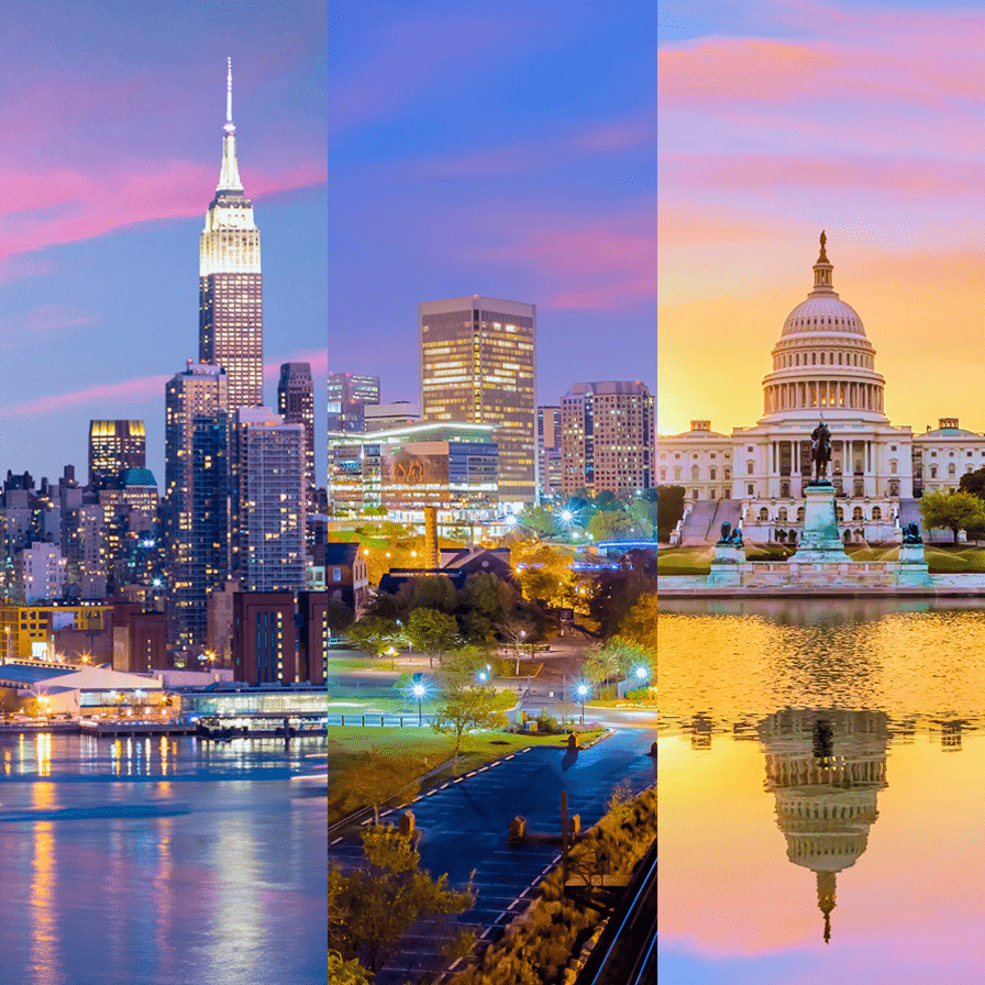 The New York City skyline and the Capital in Washington D.C. shown side-by-side