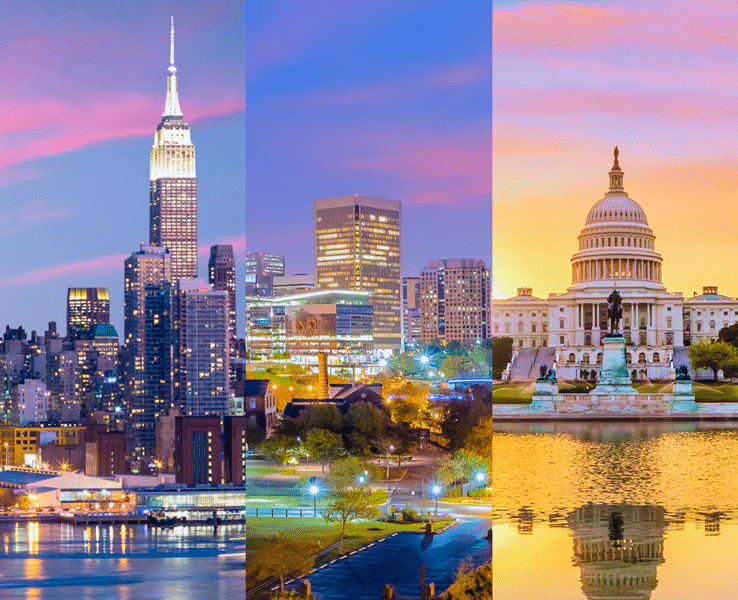 The New York City skyline and the Capital in Washington D.C. shown side-by-side