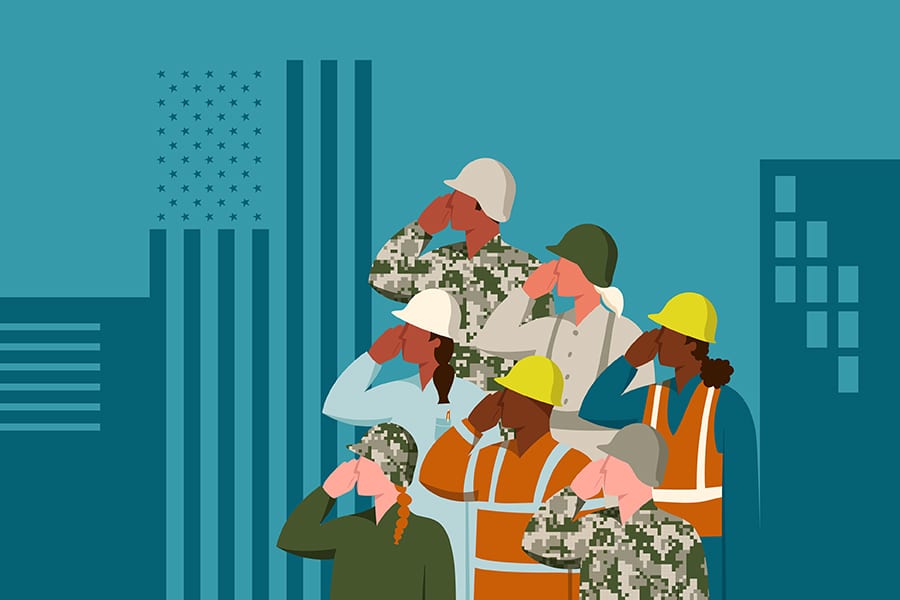 Illustration of construction workers and soldiers saluting.