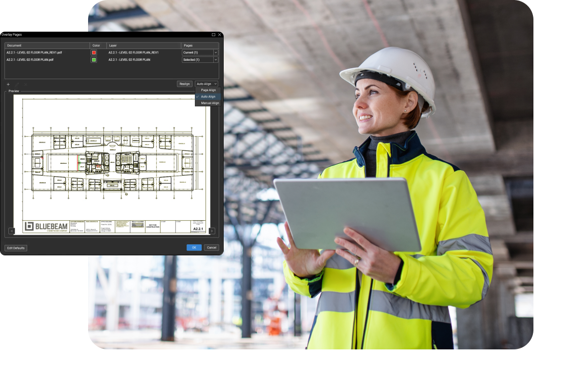 Construction worker looks up from tablet, with an overlay screenshot of Revu shown