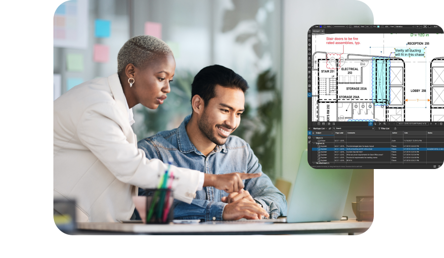 Two coworkers working with Revu, with an overlay of their screen