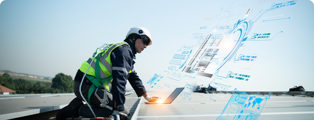 Construction worker crouching down with graphic representing the jobsite network