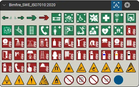 A grid of safety and hazard symbols—including emergency exits, first aid, fire equipment, and warning triangles—ideal for use in contractor software or construction collaboration software. Labeled Bimfire_SWE_ISO7010:2020.