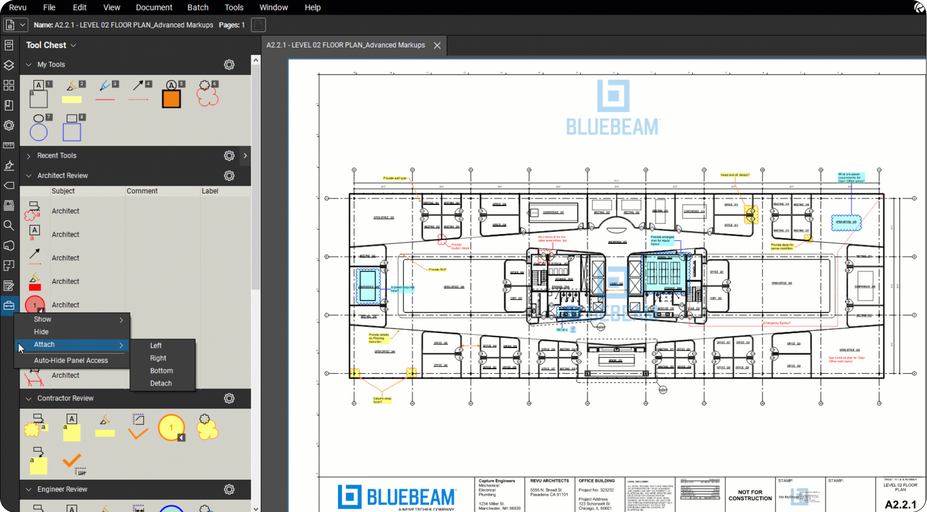 Screenshot of Bluebeam construction takeoff software displaying a floor plan labeled A221 - LEVEL 01 FLOOR PLAN, with annotation and markup tools expanded in the left sidebar. The Bluebeam logo is visible on the plan.