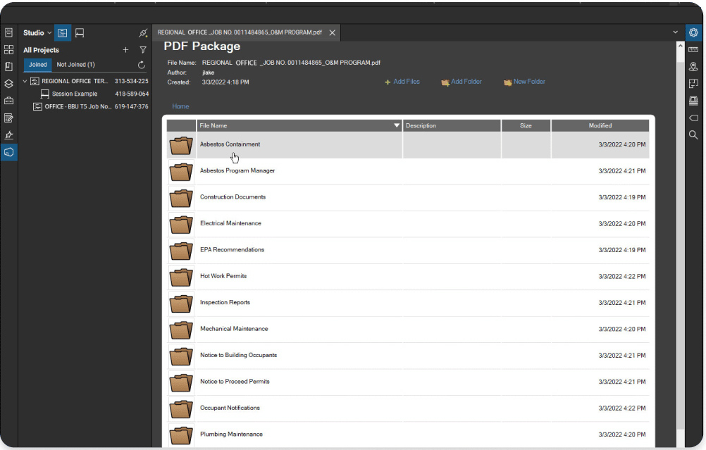A computer screen displays a PDF package viewer with a file directory open. Multiple folders like Asbestos Containment and Construction Documents are listed, highlighting features common to construction takeoff software for contractors.