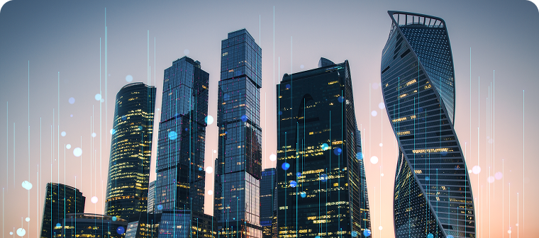 City skyline with graphic overlay