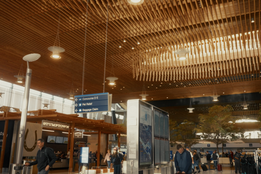 Picture of the timber canopy above Portland International Airportโs main terminal