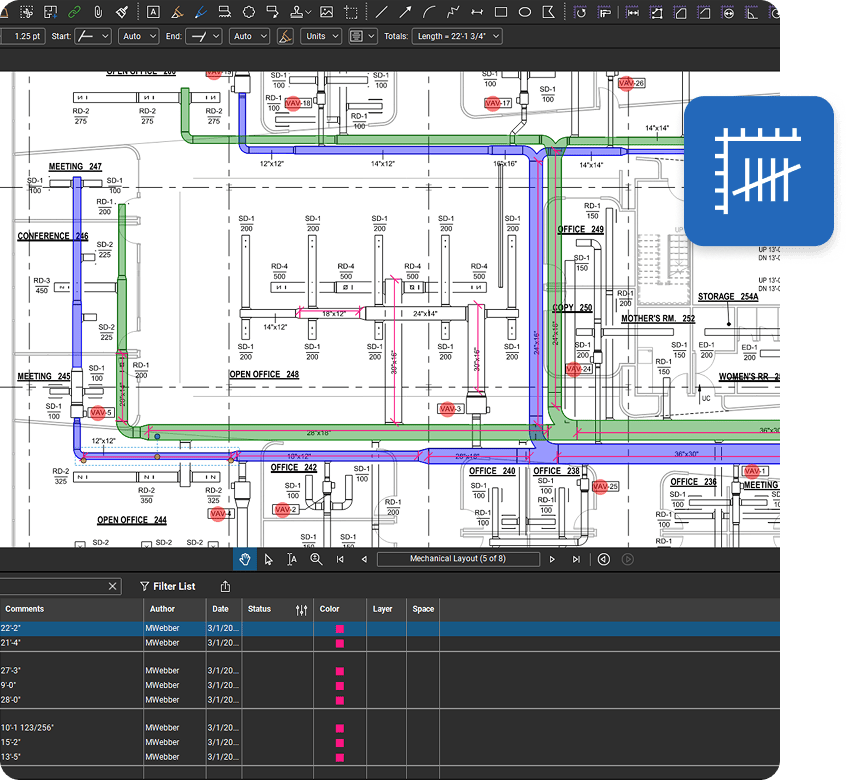 Screenshot of a digital blueprint in CAD software, featuring colored piping layouts and mechanical details. A toolbar and filter list are visible, alongside a blue icon with a white hatch pattern—ideal for use with contractor software.