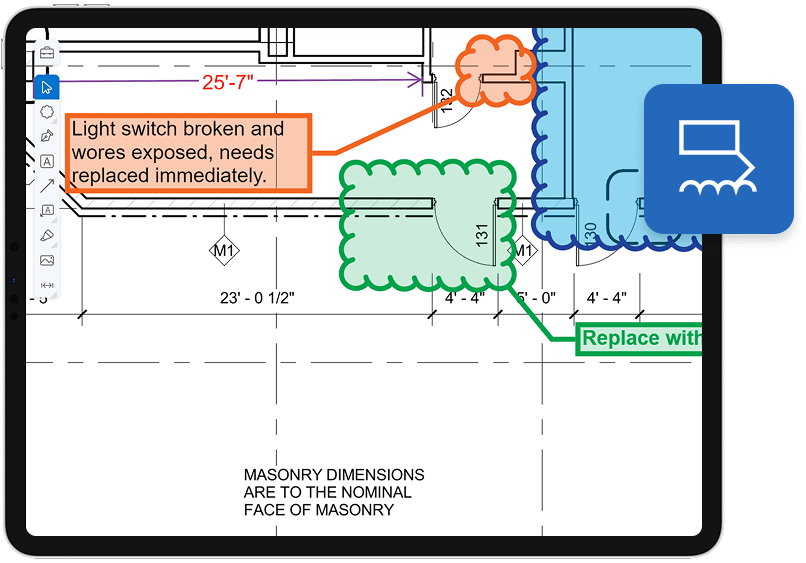 A digital construction blueprint on a tablet screen shows annotated notes highlighting a broken light switch and a replacement area, with dimensions and masonry details—seamlessly managed using construction management software.