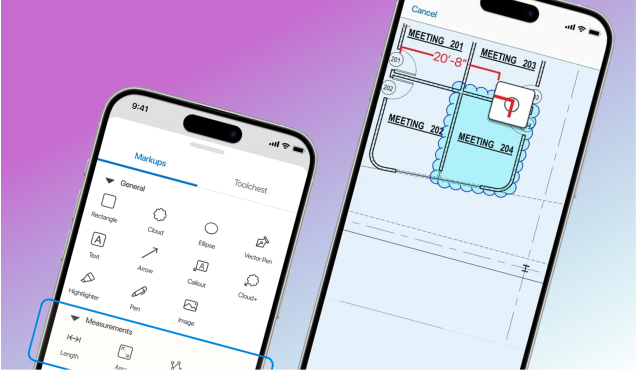 Bluebeam features shown on mobile phones